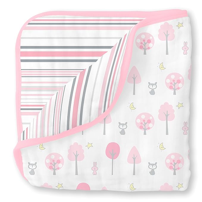 SwaddleDesigns 4-Layer Cotton Muslin Luxe Blanket, Baby and Toddler Cuddle and Dream, 46x46 inches, Pink Thicket and Stripes