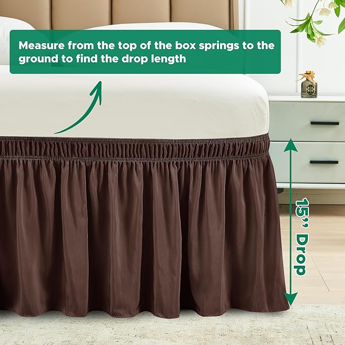 Biscaynebay Wrap Around Bed Skirts for Twin & Twin XL Beds 15" Drop, Brown Adjustable Elastic Dust Ruffles Easy Fit Wrinkle & Fade Resistant Silky Luxurious Fabric Machine Washable