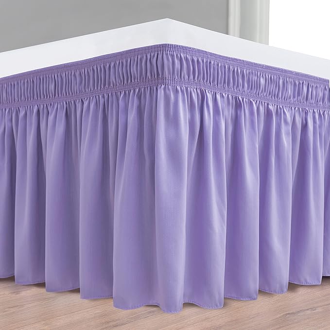 Biscaynebay Wrap Around Bed Skirts for King & Cal King Beds Short Drop of 12", Lavender Adjustable Elastic Dust Ruffles Easy Fit Wrinkle Resistant Silky Luxurious Fabric Machine Washable