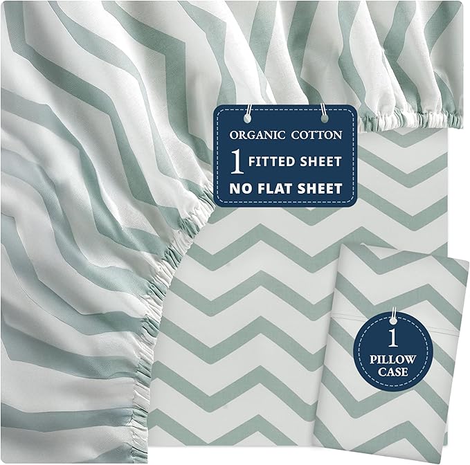LANE LINEN 100% Organic Cotton Twin Fitted Sheet, 2-Piece Set (1 Fitted Sheet, 1 Pillowcase), Percale Weave, Lightweight, Ultra Soft, Breathable, Fits Mattress Upto 15' Deep - Chevron (No Flat Sheet)
