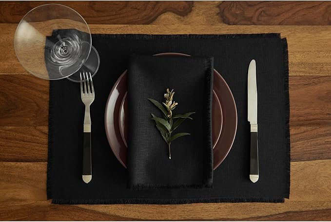 Solino Home Linen Black Placemats Set of 4 - 100% Pure Linen Placemats 14 x 19 Inch for Spring - Fringe