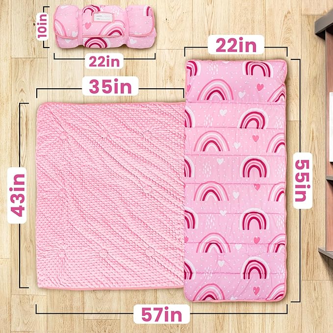 Beavtaens Toddler Nap Mat with Pillow and Minky Blanket, Large 55"x35" Sleeping Bag, Washable, Lightweight, Easy to Roll, Perfect for Preschool, Daycare, Kindergarten, Travel, Boys and Girls(Rainbow)