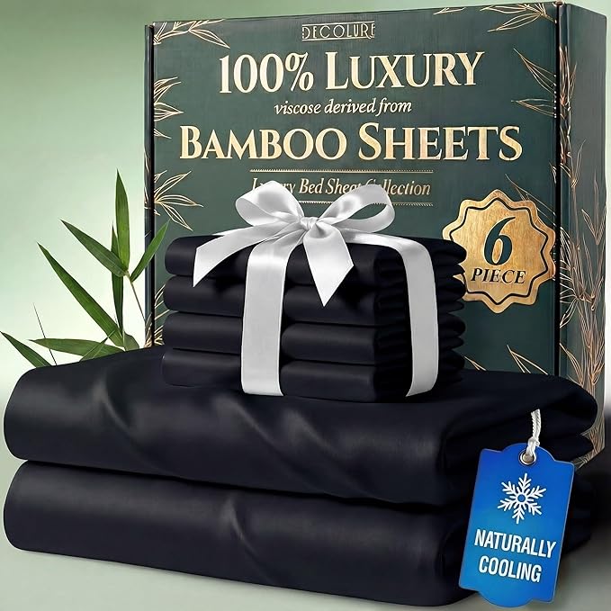 DECOLURE 100% Viscose Derived from Bamboo Sheets California King Size - Luxury 6 Pc Naturally Cooling Sheets, Ultra Soft Bed Set - Deep 17" Pockets, Double Stitching, Oeko Tex Standard (Black)