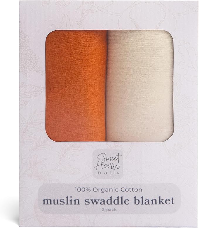 Sweet Acorn Muslin Swaddle Blanket – Soft Cotton Muslin Baby Blanket for Newborns, Infants, and Toddlers, All-Season Comfort Baby Essential - Orange and White