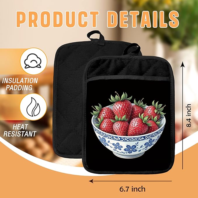 Chinoiserie Strawberry Cake Pot Holders with Pockets, Red and White Grandmillennial Strawberry Fruit Oven Pot Holders Heat Resistant Oven Mitts Hot Pads for Kitchen Baking Cooking