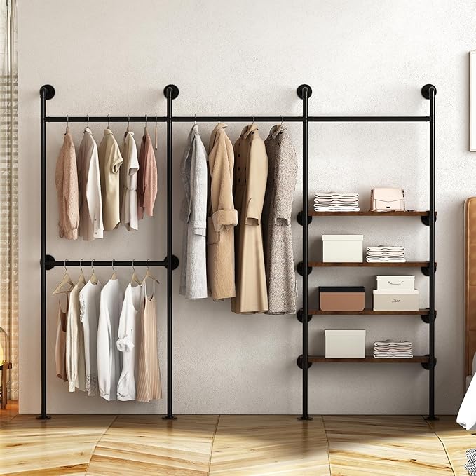 KAILNKISS Industrial Pipe Clothing Rack,Wall Mounted Clothies Rack with Shelves, Heavy Duty Closet Organizers Wardrobe Multi-Purpose Storage Clothes Hanging Shelf-94.5''L Black