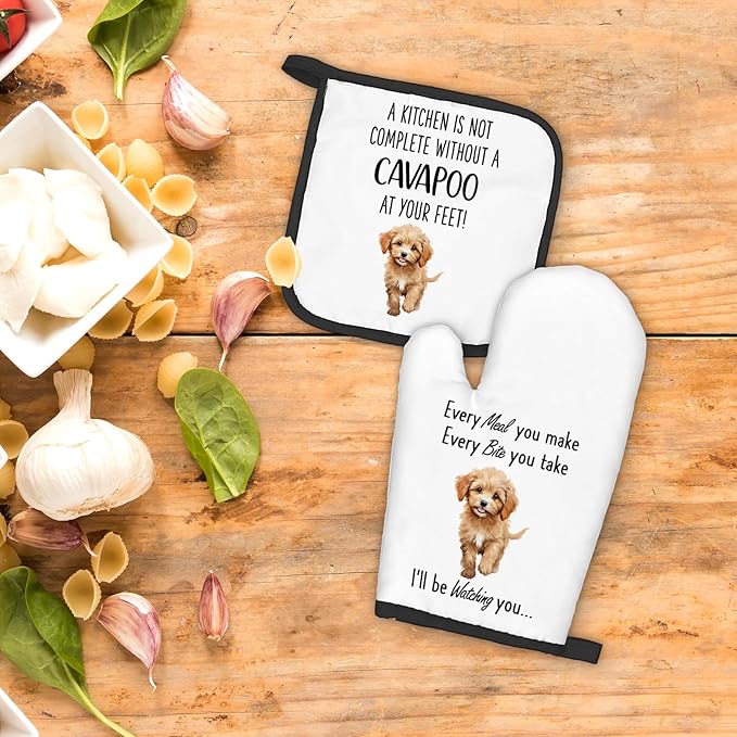 Cavapoo Gifts Dog Oven Mitts and Pot Holders Sets, Cavapoo Dog Gifts Dog Kitchen Accessories Sets, Complete Without a Cavapoo Dog Heat Resistant Oven Glove Potholders for Kitchen Baking
