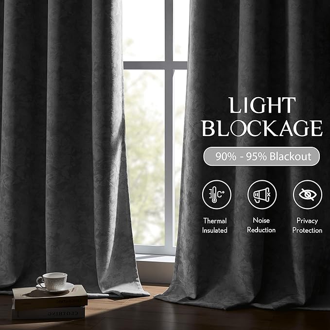 Beauoop Grey Floral Jacquard Blackout Curtains 84 Inches Long 2 Panels for Bedroom Living Room Chenille Flower Room Darkening Thermal Insulated Soundproof Rod Pocket Back Tab Window Drapes, 52x84