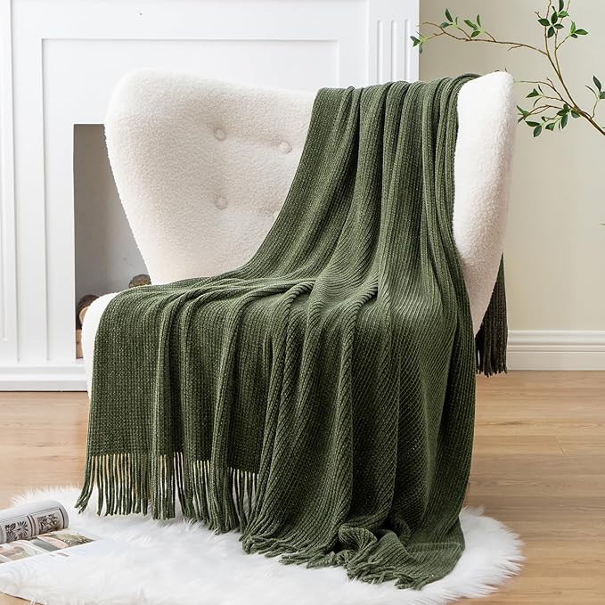 BATTILO HOME Olive Green Throw Blanket for Couch, Soft Chenille Knit Throws with Tassels for Home Decor, Green Blankets and Throws for Bed Couch Cover, 60"x80"