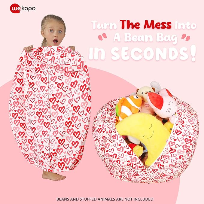 WEKAPO Stuffed Animal Storage Bean Bag Chair Cover for Kids | Stuffable Zipper Beanbag for Organizing Children Plush Toys Large Premium Cotton Canvas (Heart, X-Large)