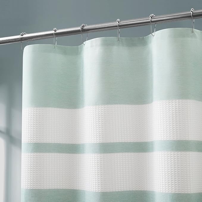 LinenZone 70" Wide x 72" Long Waffle Shower Curtain. Mint Green Shower Curtain with White Stripes. Adorable Stripes for Modern Or Hotel Decor. (Waffle 70 x 72 Mint)