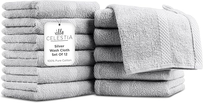 Villa Celestia 100% Cotton Wash Cloth for face & Body Set of 12, (12 x 12 inches) Sustainable, Soft, Highly Absorbent, Combed Cotton Wash Cloths Pack of 12 for Hotels, Spa, Bathroom, Dorm, Silver