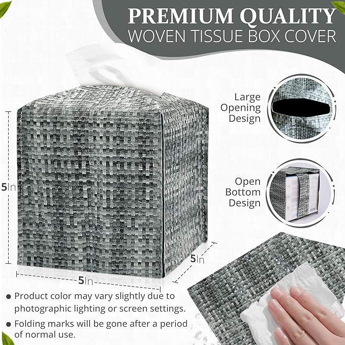 Tissue Box Cover, PU Leather Tissue Box Holder with Bottom Belt, Modern Square Tissue Box Covers with Wide Opening (Black Gray, Woven Patterns)