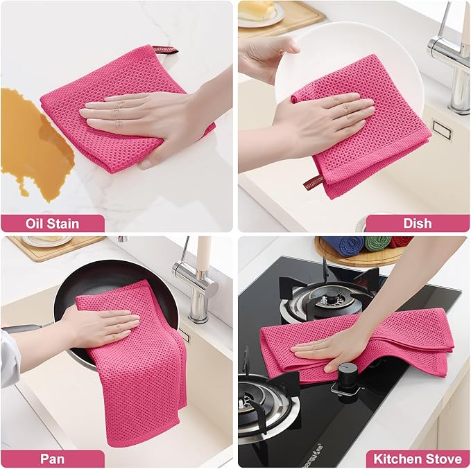 Homaxy 100% Cotton Kitchen Towels and Dishcloths Set, 12 x 12 Inches and 13 x 28 Inches, Set of 10 Bulk Kitchen Towels Set, Ultra Soft Absorbent Dish Cloths for Washing Dishes, Hot Pink