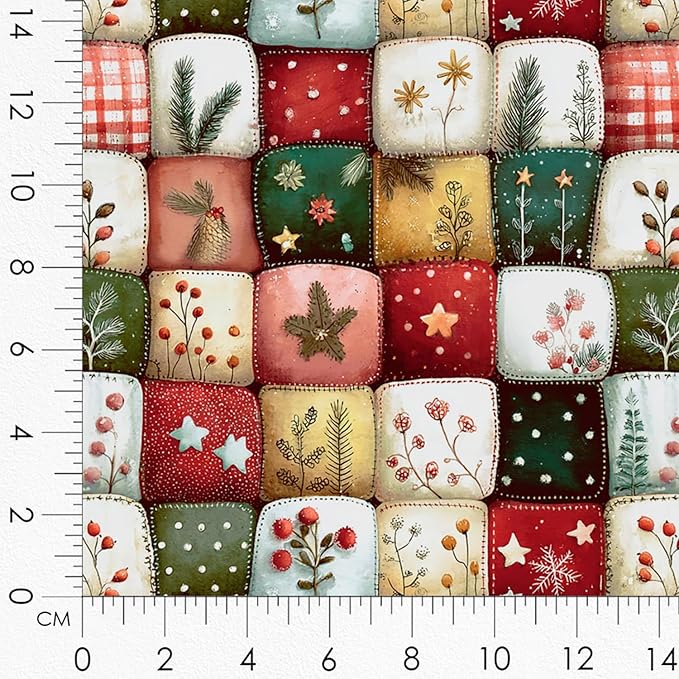 Christmas Cottage Patchwork Cotton Fabric Panel – 6 Designs (10"×10" inch Each) + Bonus Patchwork Sheet 29.5"×19.6" inch, 100% Cotton 140 GSM