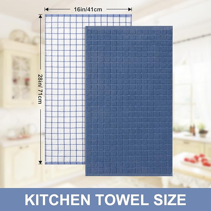 Homaxy Premium Cotton Kitchen Towels 16"x 28", Large Natural Ring Spun 390 GSM Dish Towels, Super Absorbent Terry Kitchen Hand Towels, Soft Tea Towels with Hanging Loop, Navy Blue Check, 12 Pack