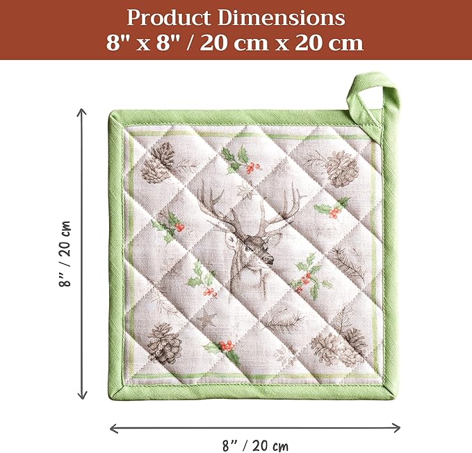 Maison d' Hermine Pot Holders Set 100% Cotton Heat Resistant Potholders 8" x 8" Hot Pads with Loop for Thanksgiving Christmas Decorations BBQ Baking Handling Hot Pans (Pack of 2, Christmas Dew)