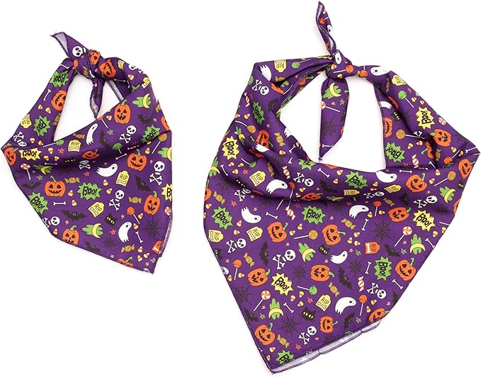 THE WORTHY DOG Classic Tie-On Dog Bandana – Soft Cotton Flannel Square Pet Bandana, Fright Night Pattern, Purple, Small