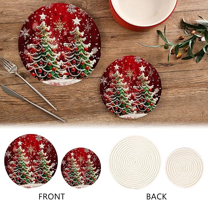 Boccsty Two Merry Christmas Trees Trivet Mat 2PCS Winter Snowflake Red Round Woven Potholders Kitchen Table Countertop Protector Hot Pads Farmhouse