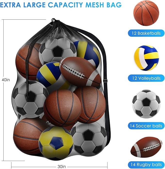 BROTOU Extra Large Sports Ball Bag Mesh, Basketball Bags Team Balls, Adjustable Shoulder Strap, Ball Bags for Holding Soccer, Football, Volleyball, Swimming Gear (30” x 40”)