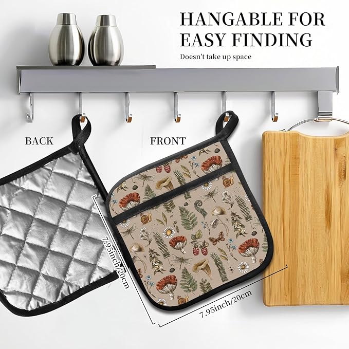 2 Pack Pot Holders for Kitchen Clearance, Cute Hot Pads, Funny Oven Pot Holders, Potholders Sets for Kitchen Heat Resistant Brown Boho Mushrooms