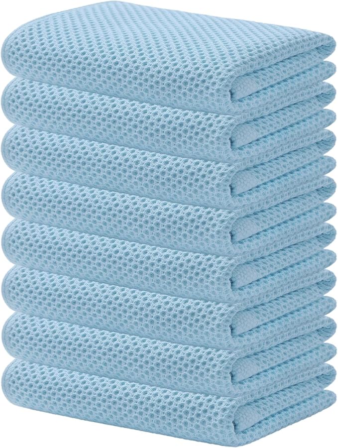 Kitinjoy 100% Cotton Waffle Weave Kitchen Towels (13 X 28 Inches, Sky Blue), 8-Pack Super Soft and Absorbent Dish Towels for Drying Dishes, Kitchen Hand Towels