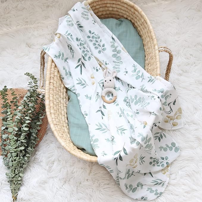 LifeTree Muslin Swaddle Blankets, 2 Pack Baby Swaddling Receiving Blanket for Boys & Girls, 70% Viscose from Bamboo & 30% Cotton, Large 47" X 47" Eucalyptus Leaves/Sage