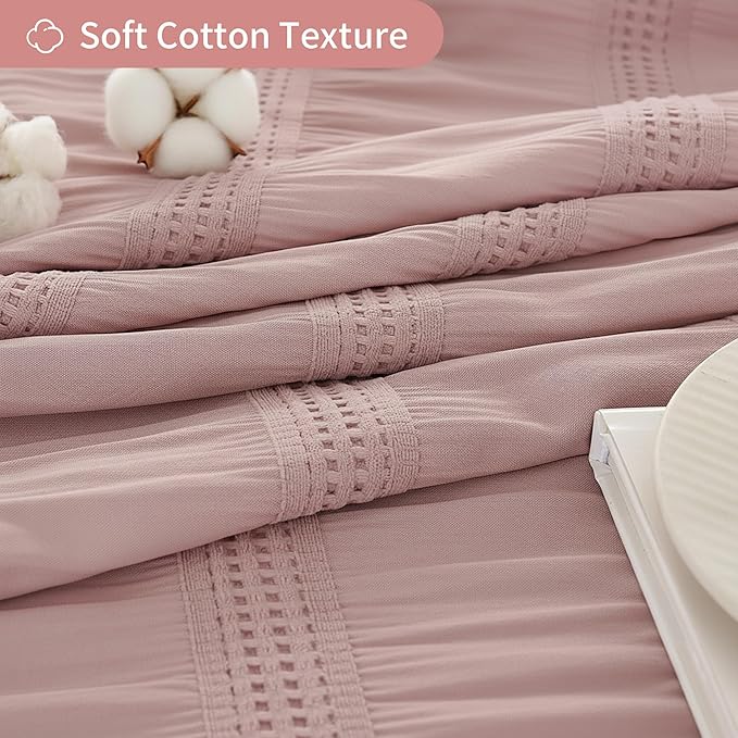 Lameirose Extra Long Pink Shower Curtain Farmhouse,72 x 84 Cotton Blend Waffle Tufted Striped Chic Textured Fabric Shower Curtain for Bathroom, Hotel, Washable