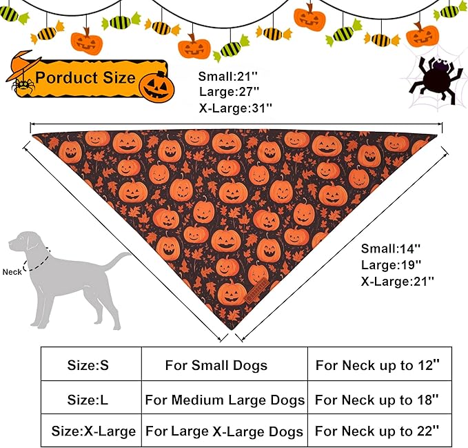 ADOGGYGO Halloween Dog Bandana, Pumpkin Ghost Pet Scarf, Orange Black Halloween Bandanas for Medium Large Dog (Large)