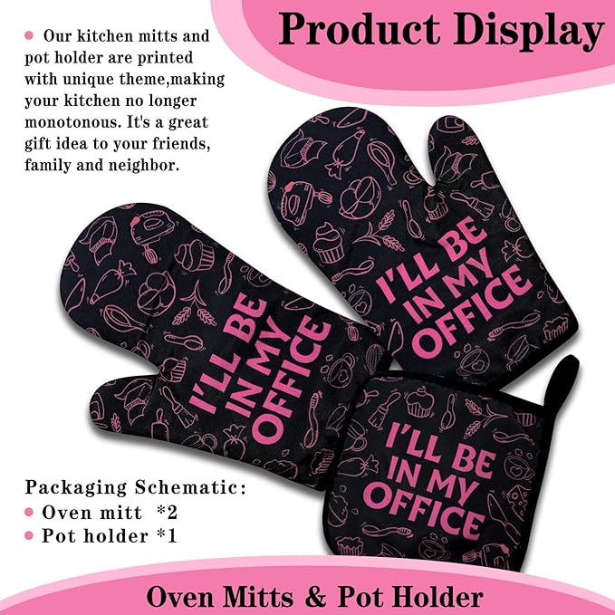 Funny Baking Oven Mitts and Pot Holders Set of 3, I'll Be in My Office, Heat Resistant Non-Slip Kitchen Mitts Hot Pads, Baking Gifts for Women, Christmas Birthday Gifts for Chef Bake Lover