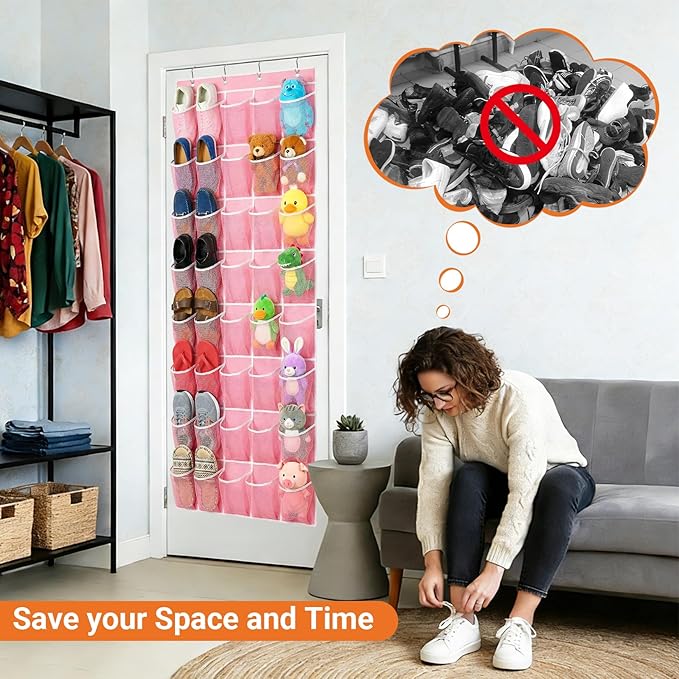 Hualleko 40-Pocket Over the Door Shoe Organizer - Large Mesh Pocket Hanging Shoe Organizer,Behind the Door Shoes Storage Holder Hanger (Pink-W)