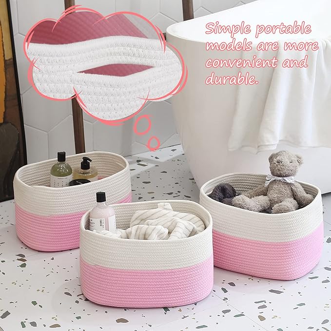 ECDYQXVU Cotton Rope Shelf Storage Basket, 15x10x9 in, Shelf Storage Baskets for Clothes, Towels, Books, Laundry (White/Pink, 1 Pack)