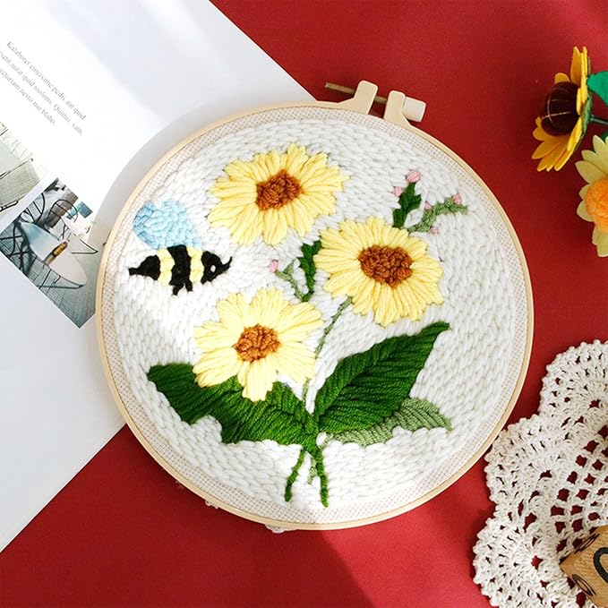 Allazone 3 Set Punch Needle Embroidery Kits, Punch Needle Kits for Adults Beginner with Sunflower Pattern, Instruction, Plastic Hoop, Yarn and Embroidery Handle Needle Pen