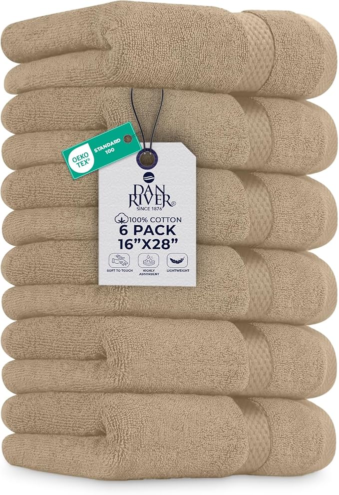DAN RIVER 6-Pack Premium Hand Towels (16x28 Inches) - 100% Cotton, Ultra Soft, Lightweight, Highly Absorbent Towels for Bathroom, Spa, Gym, Salon, Hotel, and Travel - 550 GSM – Tan