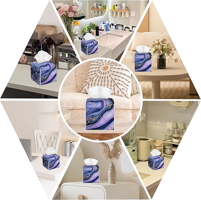 BLYKVGHQ Purple and Gold Marble Tissue Box Cover Square, Abstract Art Tissue Box Holder with Bottom Belt Leather Facial Paper Organizer Dispenser for Bathroom Bedroom Dresser Night Stand Tabletop