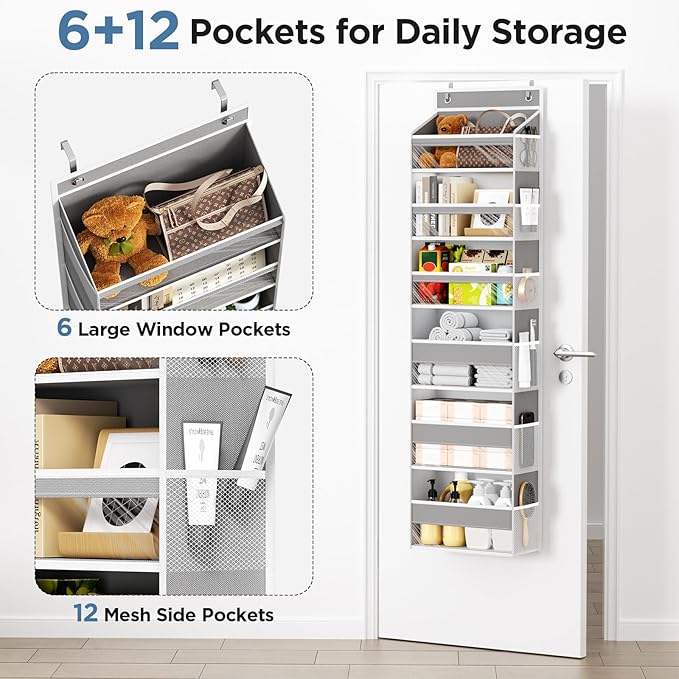 Mefirt Over The Door Organizer, 6 Shelf Door Organizer Hanging with 6 Large Capacity Pockets, Over The Door Storage Hanging Shelves for Closet Wall Bathroom Closet Bedroom Nursery