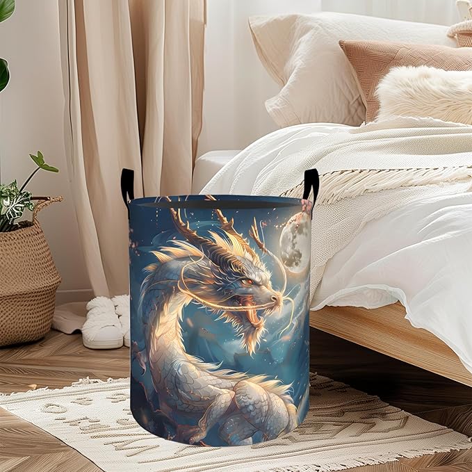 ainori Mythical Dragon Floral Laundry Basket, Oxford Cloth Fantasy Dirty Clothes Collapsible Hamper for Room Decor, Moon and Flower Print Gifts Toy Organizer 19.7*15.8 Inch for Bedroom Bathroom Dorm