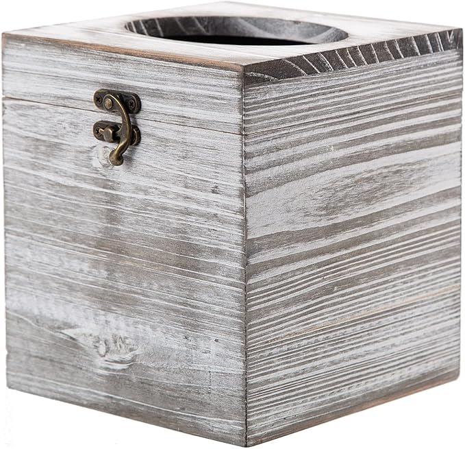 Distressed Farmhouse Square Solid Wood Tissue Box Cover with Slide-Out Bottom Panel Honey Brown Tissue Box Holder for Bathroom Living Room Dining Room Bedroom Toilet (Grey White)