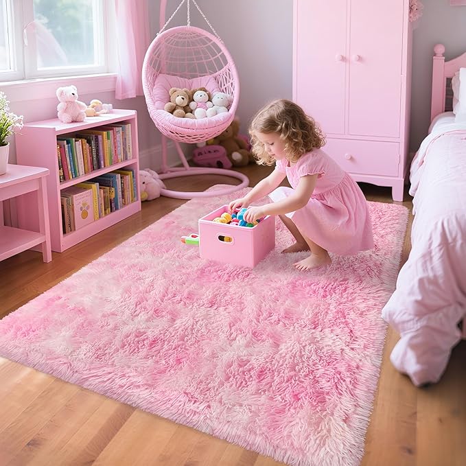 3x5 Fluffy Pink Rugs for Bedroom Girls, Soft Pink Fuzzy Rug for Girls Kids Baby Room, Kawaii Fuzzy Thick Shag Carpet Plush Mat Non-Slip Throw Rugs for Nursery Playroom Dorm Home