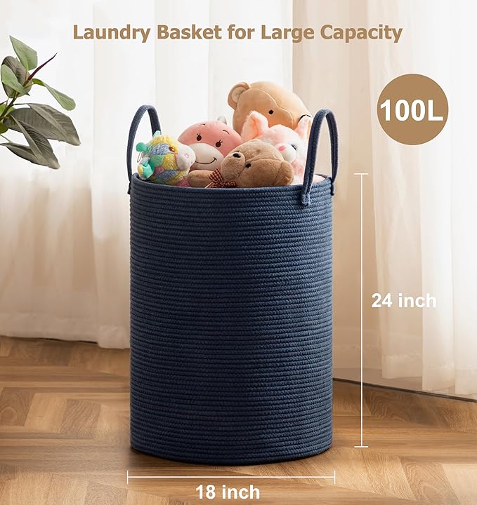 Laundry Basket, 100L Woven Laundry Hamper, Baby Nursery Hamper for Toys, Blanket Basket for Living Room, Clothes Hamper for Bedroom&Baby Room, Blue