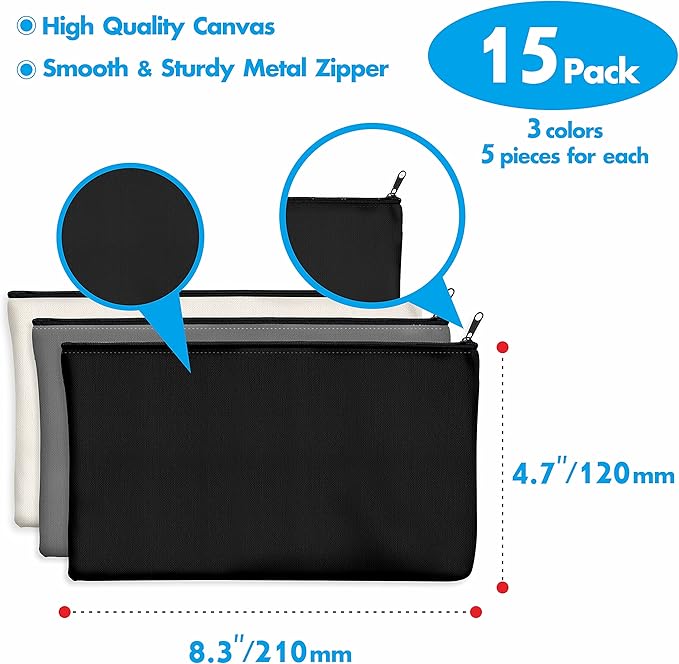 15 Pack Blank Cotton Canvas DIY Craft Zipper Bags Pouches Pencil Case for Makeup Cosmetic Toiletry Stationary Storage