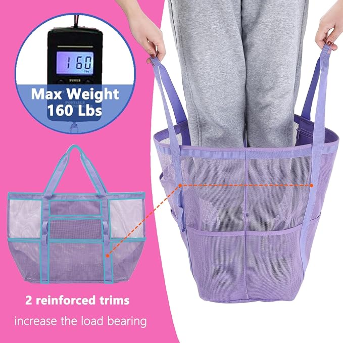Fammart Mesh Beach Bag, Large Beach Tote Bags with Zipper, Toys Pool Bag for Family Travel Vacation Cruise Essentials