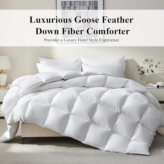 Ubauba Goose Feather Down Fiber Comforter Twin Size - All Season White Fluffy Duvet Insert - Luxurious Hotel Bedding Comforter - Ultra Soft 100% Cotton Cover, Medium Warmth (68x90 Inch)