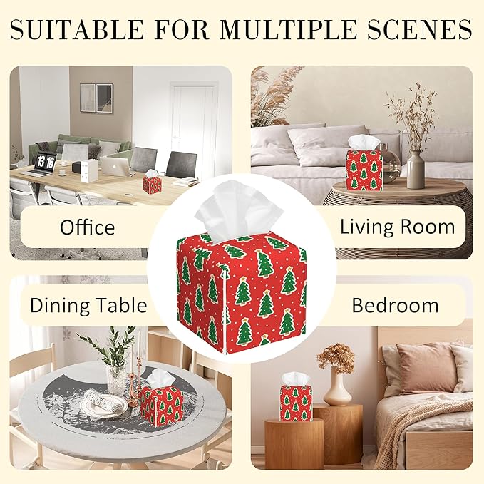 POIUBLE Christmas Trees Tissue Box Cover Leather Tissue Box Holder Square Facial Paper Organizer Dispenser for Bathroom Kitchen Bedroom Vanity Countertop Night Stands