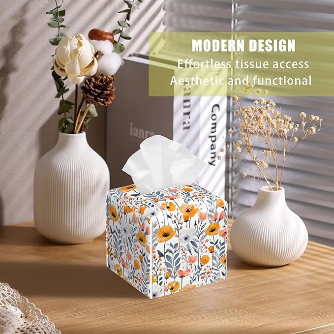 BLYKVGHQ Botanical Square Tissue Box Cover Vintage Wildflowers Tissue Box Holder Facial Cube Paper Dispenser Leather Decorative Organizer Home Office Desk Decor, 5.2"x5.2"x5.2"