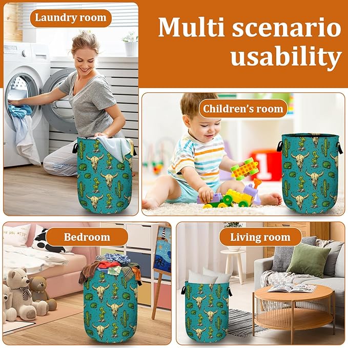 Colorful Desert Cowboy Laundry Basket with Sturdy Handles, Collapsible Oxford Cloth Laundry Hamper Organizer Basket for Bathroom Bedroom 15.7x20 Inch