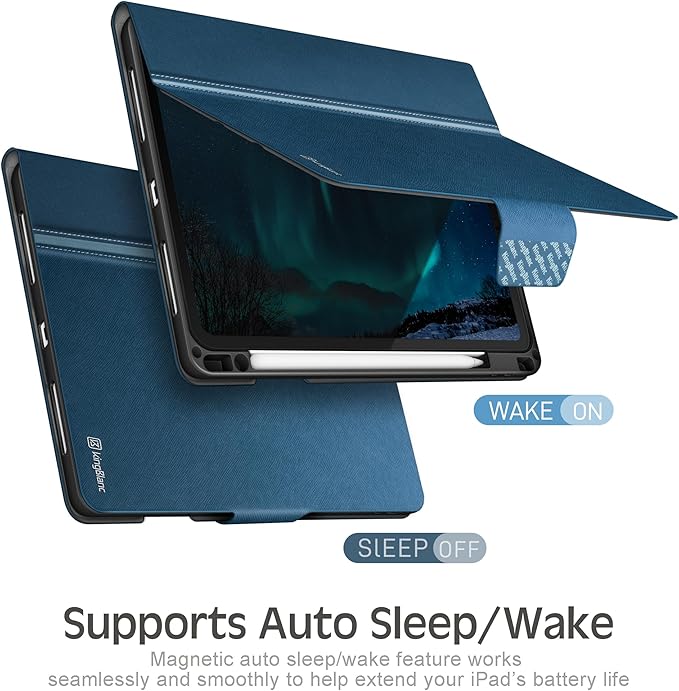 KingBlanc Case for iPad Pro 13-inch (M5 2025, M4 2024) with Built Pencil Holder, PU Leather Smart Stand Cover, Auto Sleep/Wake, Supports Pencil Pro/Pencil (USB-C), Multi-Viewing/Drawing Angles, Blue