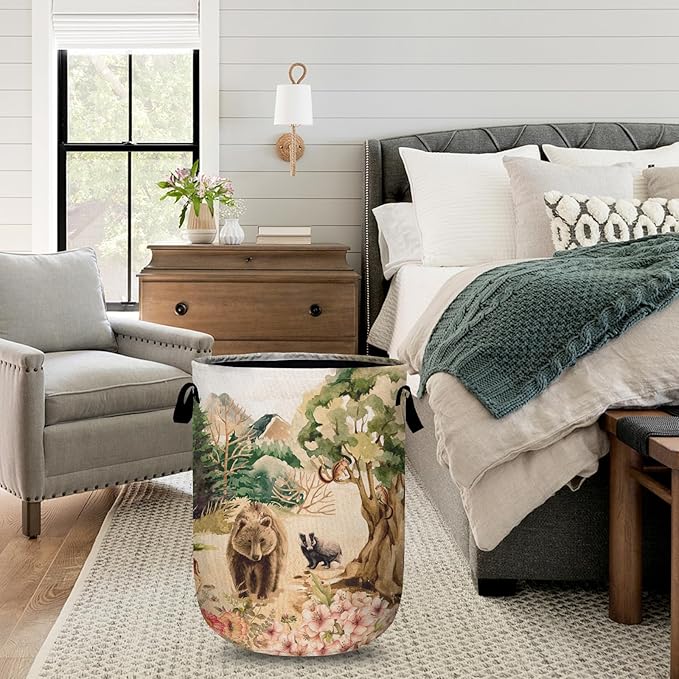 Forest Bear Deer Laundry Basket with Sturdy Handles, Watercolor Wild Animal Collapsible Oxford Cloth Laundry Hamper Organizer Basket for Bathroom Bedroom 15.7x20 Inch