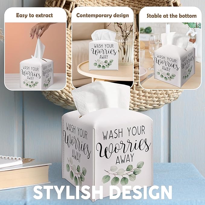 Leather Tissue Box Cover Holder Gifts, Positive Gift Ideas for Friends, Wash Your Worries Away Decorative Decor for Bathroom Office, Housewarming New Home Favor-(5.2 Inches) A72