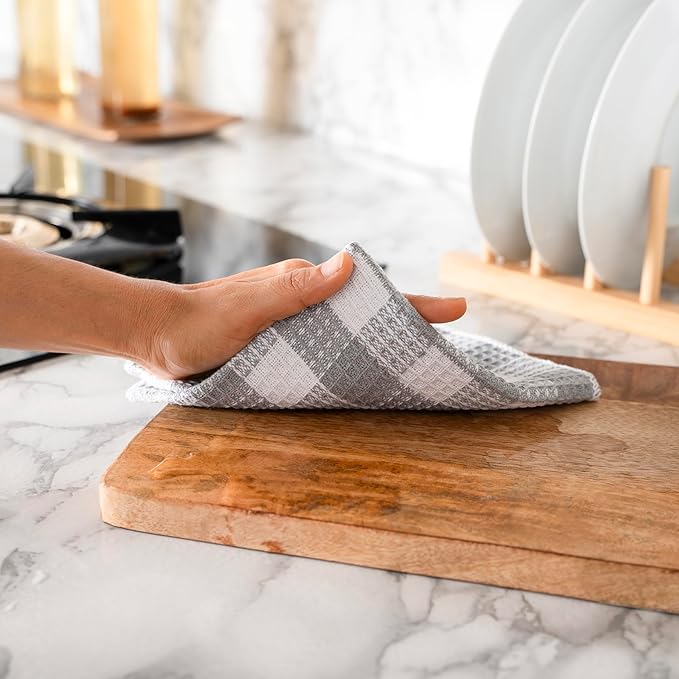 Blue Needles Waffle Weave Check Plaid Dish Cloths, 12x12 Inches 100% Cotton Set of 8 Dish Towels for Kitchen, Ultra Soft & Absorbent Kitchen Towels for Quick Drying Spring Summer - Ash Grey & White